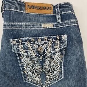 Platinum Plush Jeans Womens 17 Blue Bootcut Angel Wings Pistol Y2K 4016X LA Moto